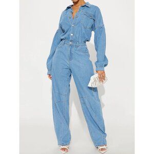 Fashion Nova - Deisy Denim Jumpsuit - Light Wash - Medium